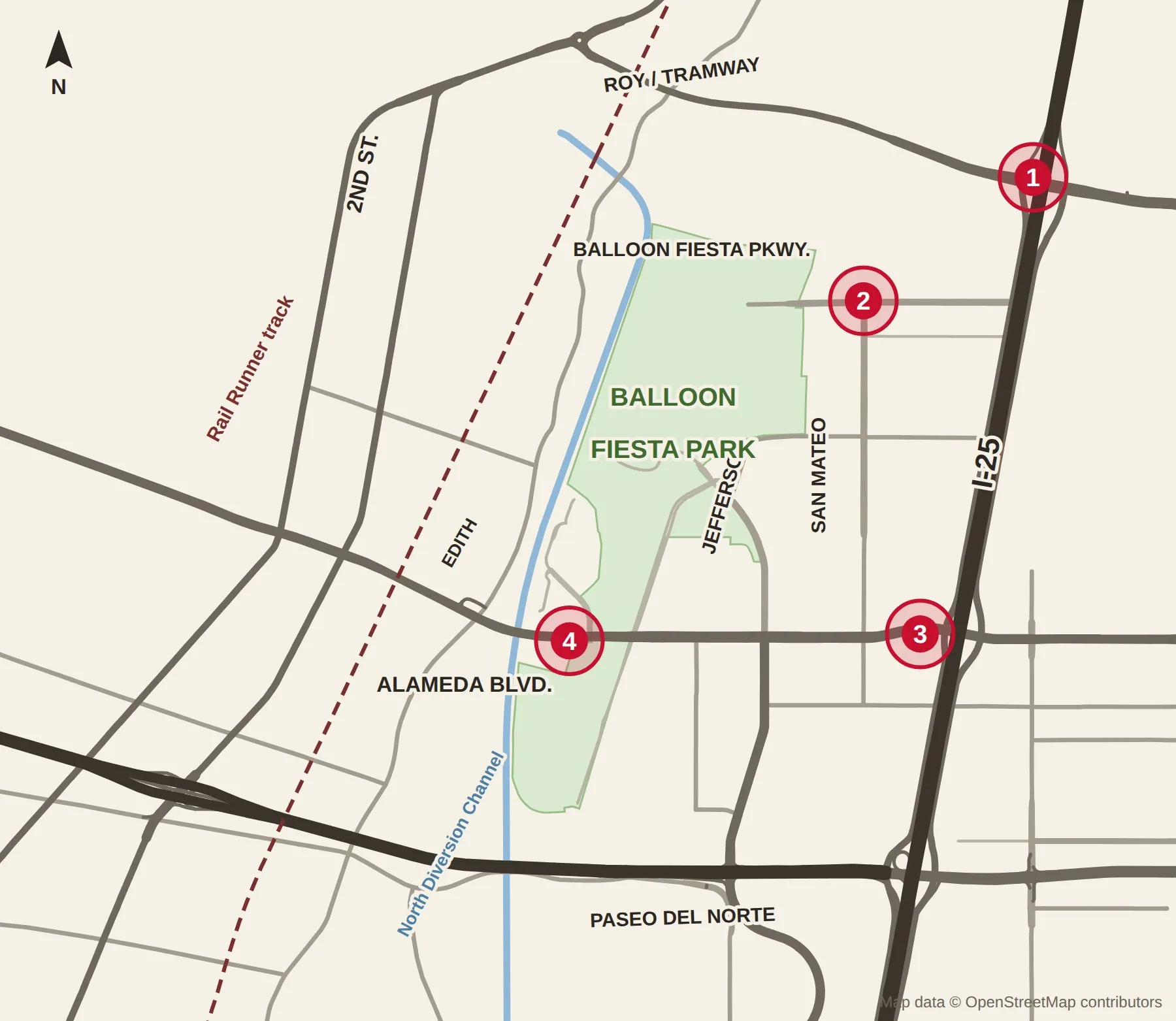 Street map of north Albuquerque around Balloon Fiesta Park, with I-25 on the east and the Rail Runner track on the west, and four red numbered circles: 1 at I-25 and Roy/Tramway, 2 at San Mateo and Balloon Fiesta Parkway, 3 at I-25 and Alameda, 4 at Alameda and Balloon Museum Drive