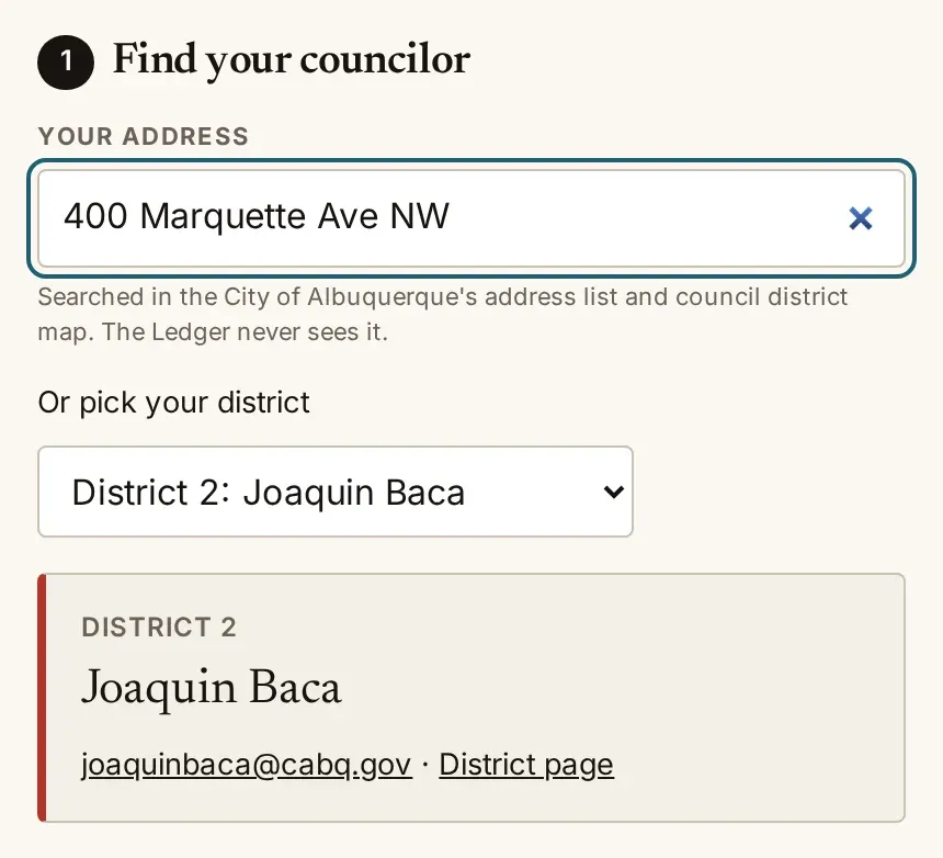 An address typed into the letter page and the District 2 councilor, Joaquin Baca, found below it