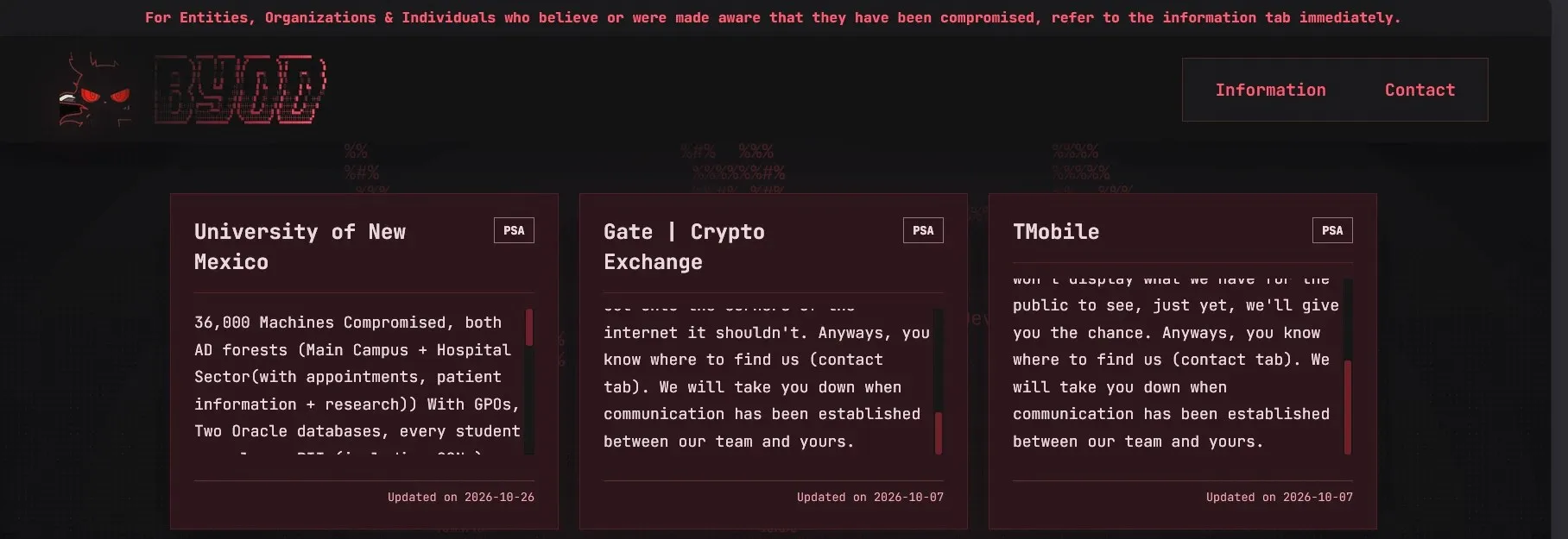 Screenshot of BYOD's leak site: a dark page with the BYOD logo and three red tiles, University of New Mexico, Gate Crypto Exchange and TMobile, each marked PSA. UNM's tile says 36,000 machines compromised and is dated 2026-10-26.