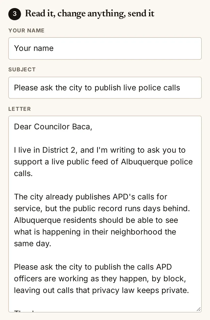 The letter asking for live police calls, addressed to the councilor, in an editable box