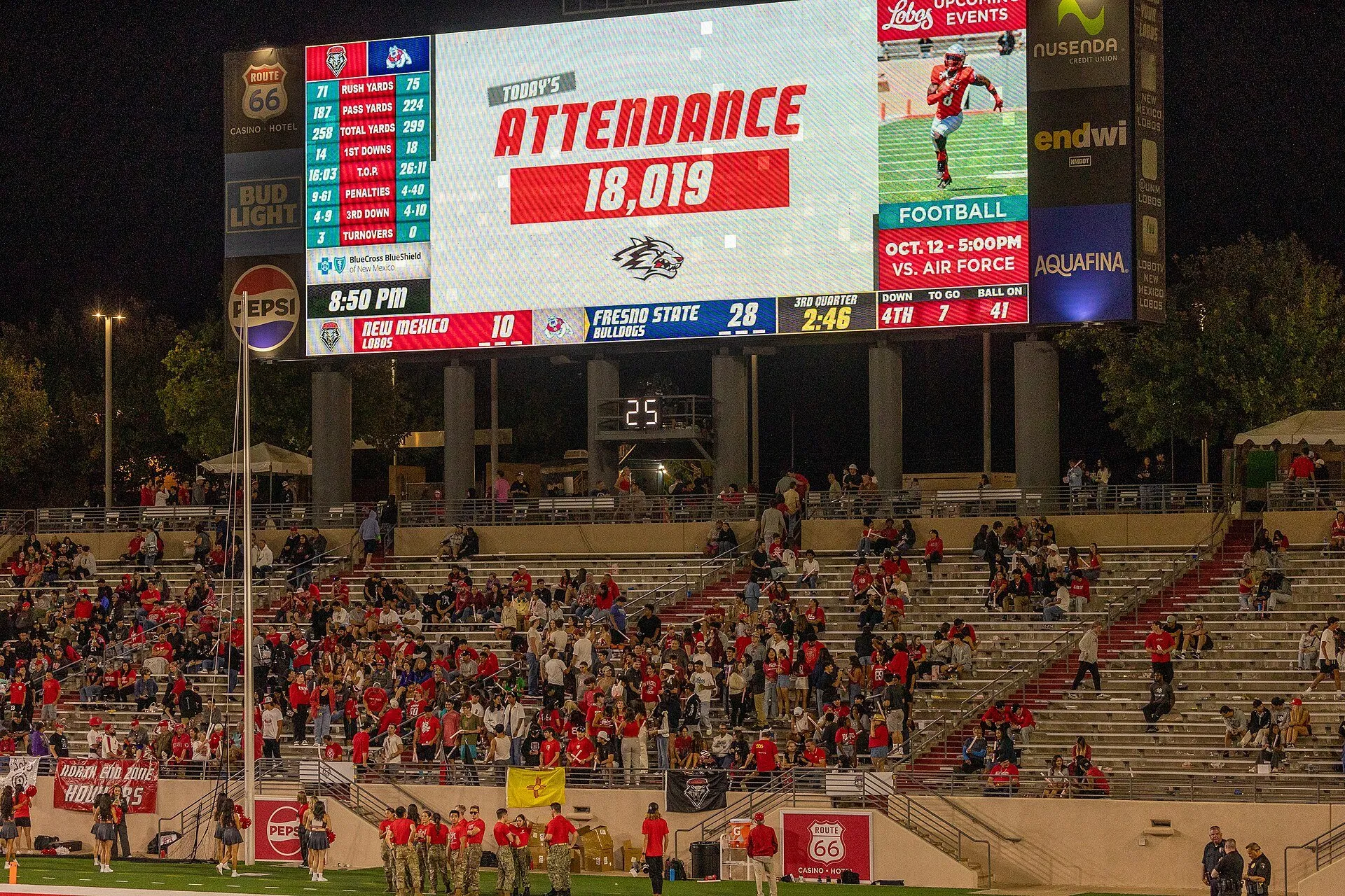 University Stadium's video board reads Today's Attendance 18,019 above half-empty north end zone stands during a night game