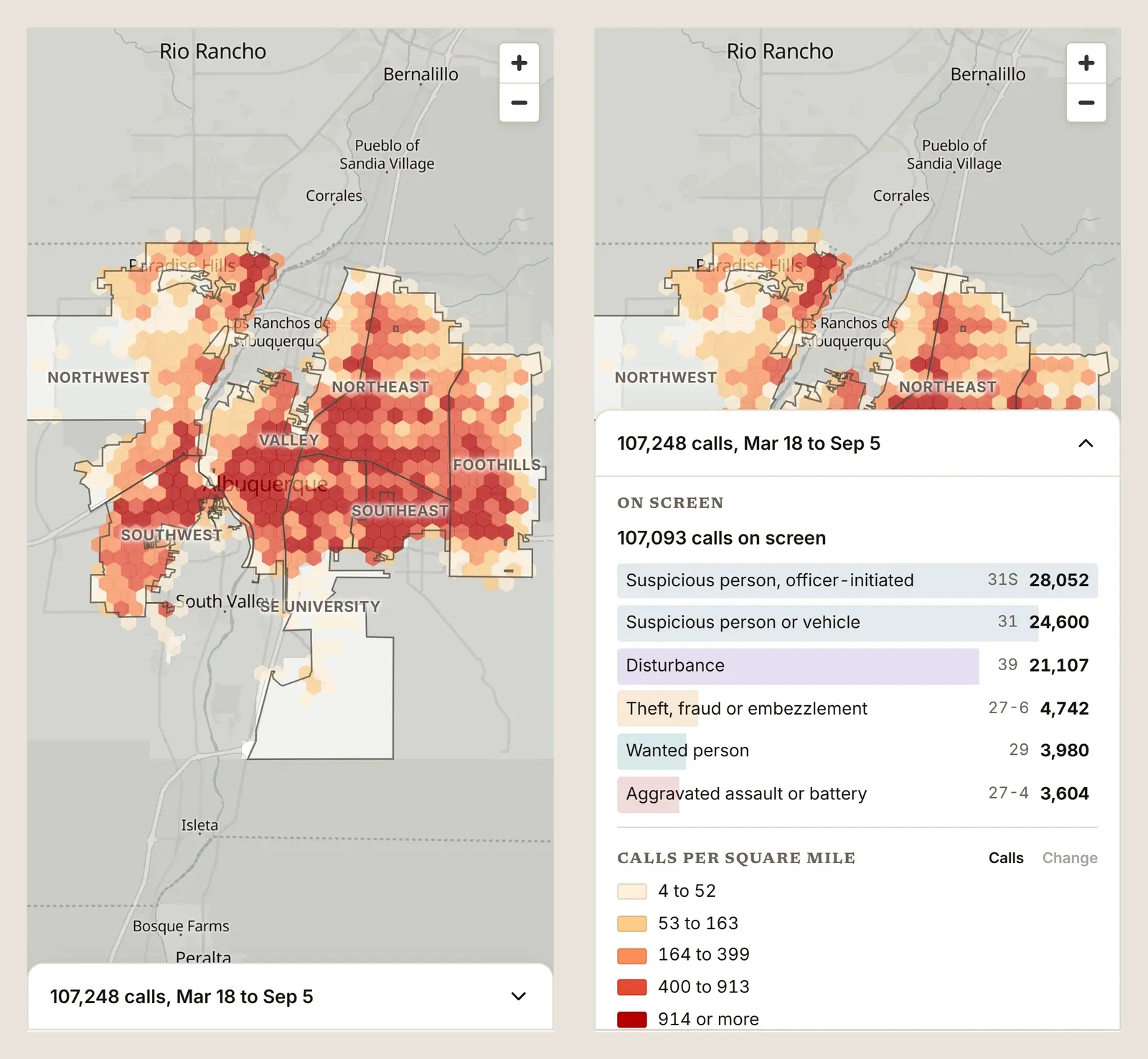 The map on a phone twice, on the left with the panel closed to a bar at the bottom, on the right with the panel pulled up showing the call count, the most common calls and the key