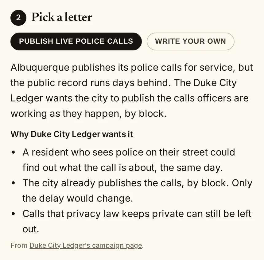 Two letter choices, Publish live police calls and Write your own, with the reasons for the first below