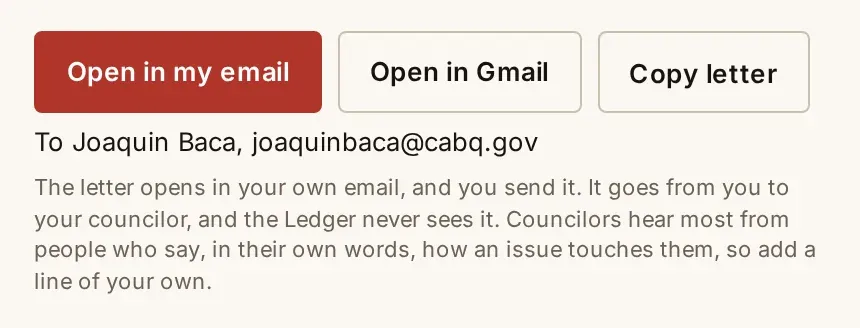 Buttons to open the letter in your email or Gmail, or copy it, addressed to the councilor