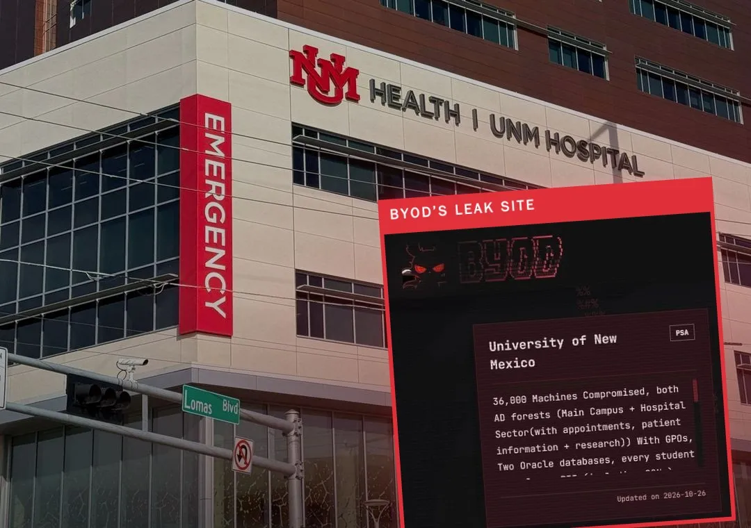 UNM Hospital's emergency entrance on Lomas Boulevard, with a screenshot of BYOD's leak site listing the University of New Mexico and claiming 36,000 machines compromised